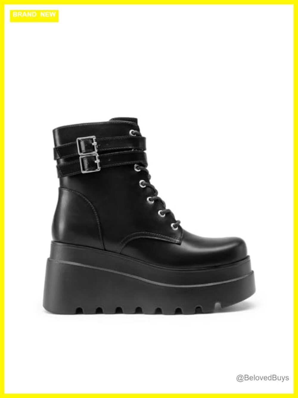 Women's Platform Combat Ankle Boots Chunky High Heel Lace Up Motorcycle Booties - Picture 5 of 7